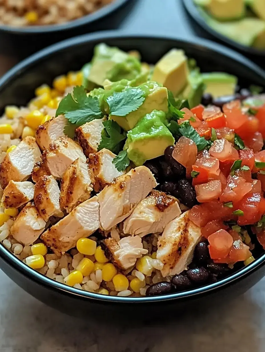 Bol garni de riz, tranches de poulet grillé, maïs, haricots noirs, guacamole, coriandre fraîche, dés de tomate.