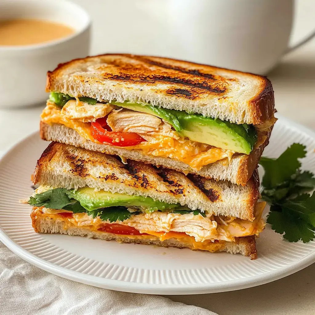 Une pile de sandwichs grillés garnis de poulet émietté, fromage, avocat et poivrons rouges tranchés, décorés de coriandre fraîche, accompagnés d'une boisson.