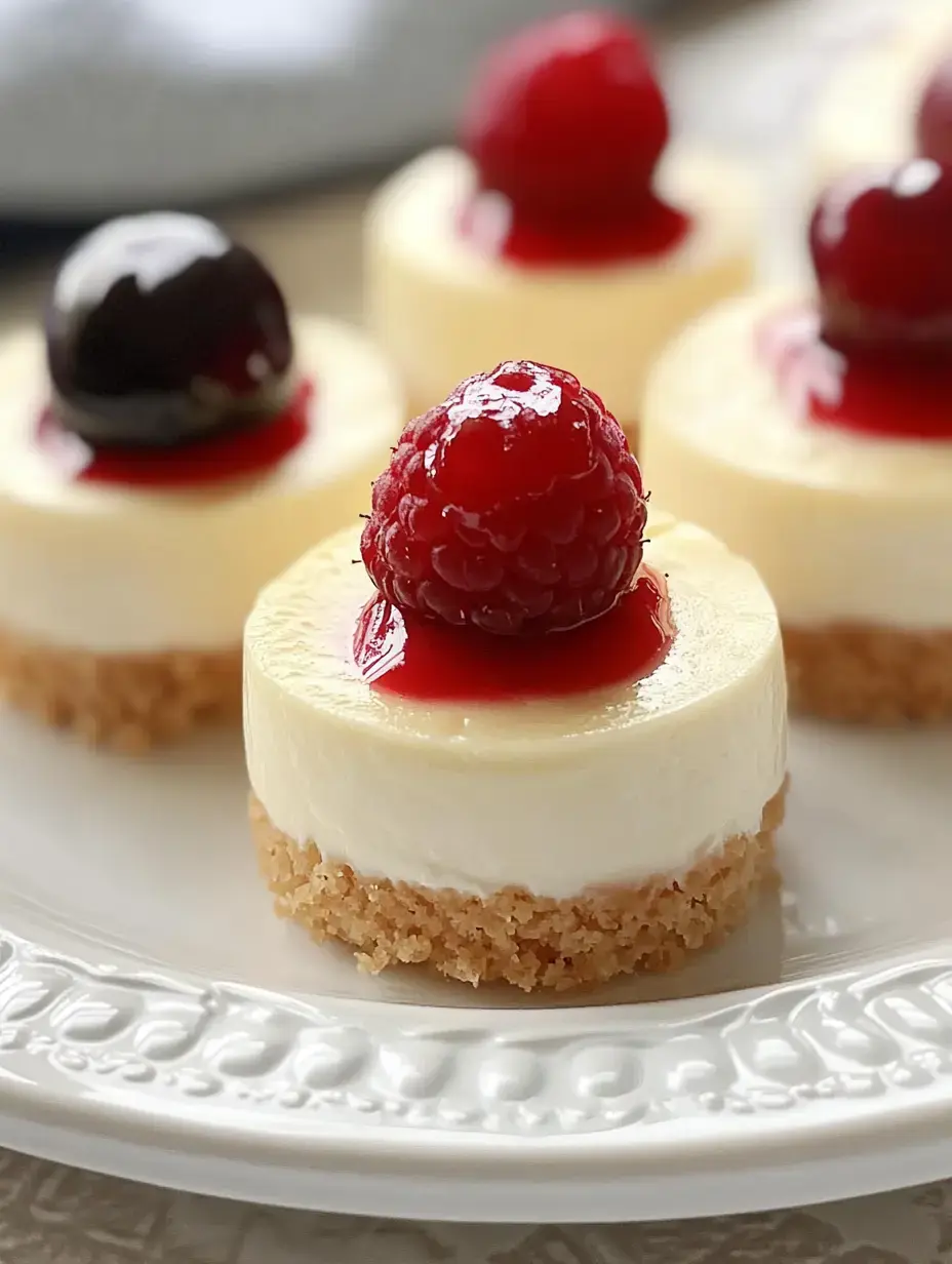 Gros plan sur des mini cheesecakes garnis de framboises et nappés de coulis de framboise sur une assiette décorative.