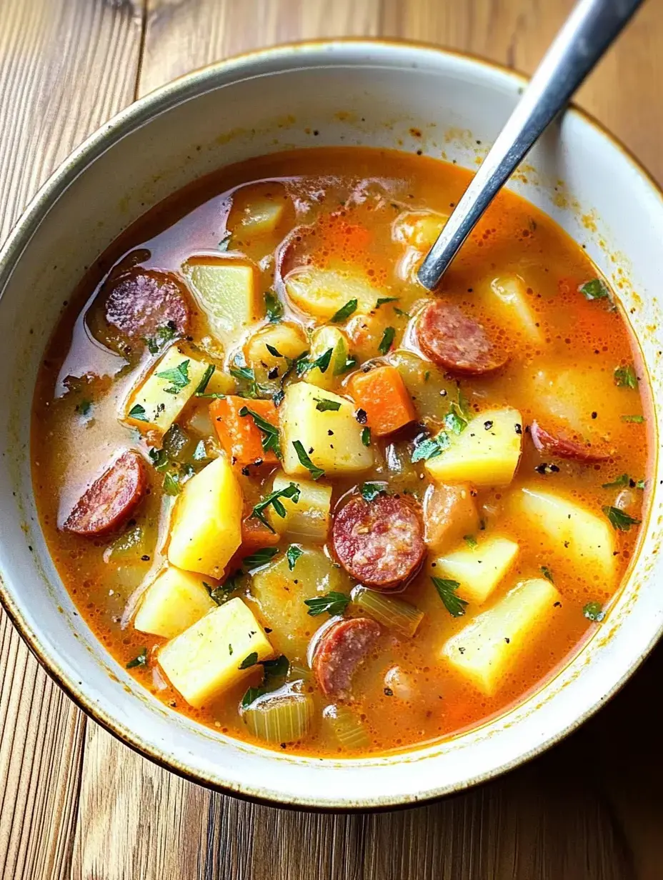 Un bol de soupe consistante pleine de pommes de terre, carottes, céleri et de rondelles de saucisse, décoré d’herbes fraîches.