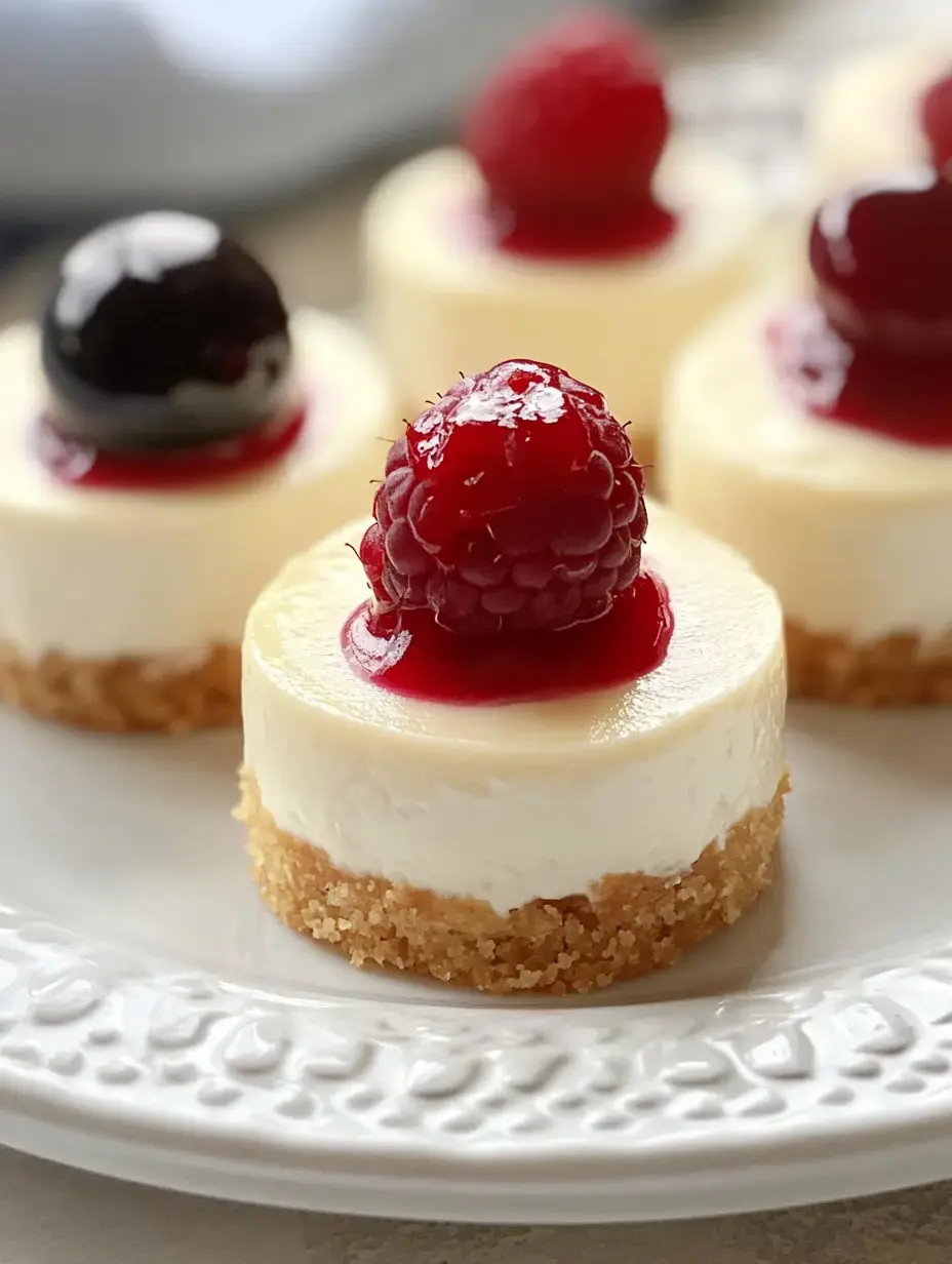 Assiette de cheesecakes individuels surmontés d’un mélange de framboises et de mûres.
