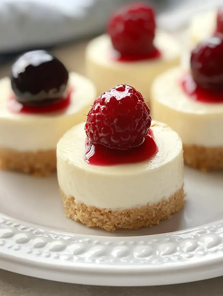 Zoom sur des mini cheesecakes ornés de framboises fraîches et nappés de coulis sur une assiette décorative.