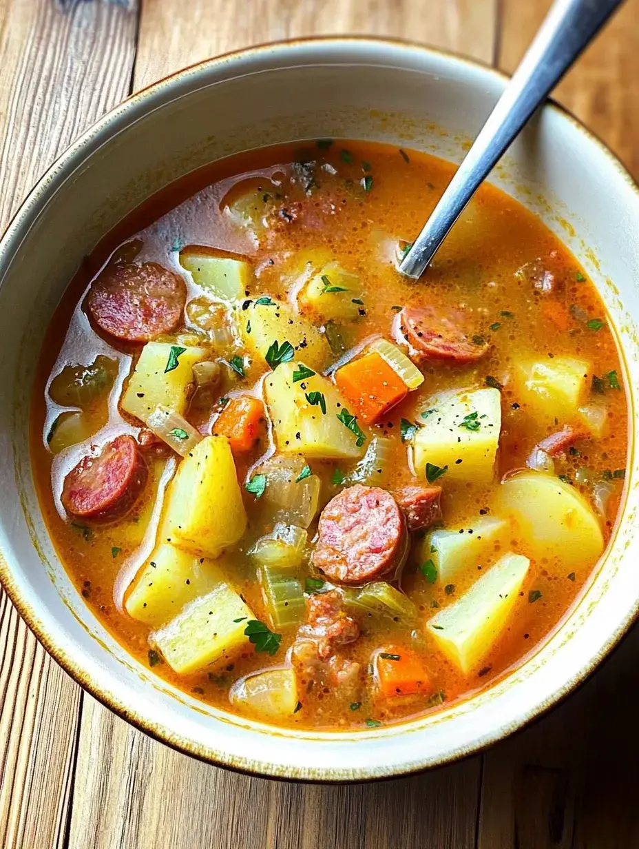 Un bol généreux de soupe avec pommes de terre, carottes, saucisse et herbes, posé sur une table en bois.