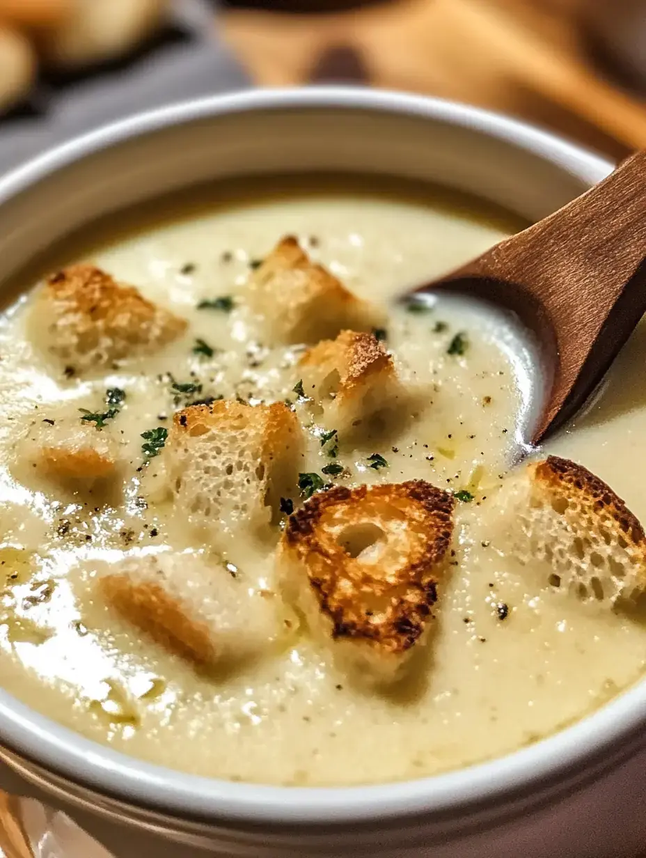 Un bol de soupe crémeuse avec des croûtons grillés et des herbes fraîches, servi avec une cuillère en bois.