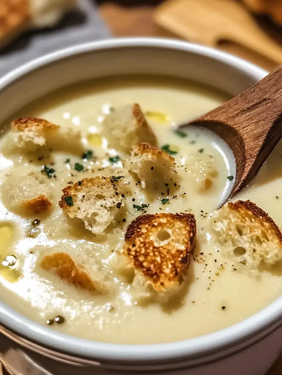 Zoom sur une soupe crémeuse surmontée de croûtons dorés et d’herbes fraîches.
