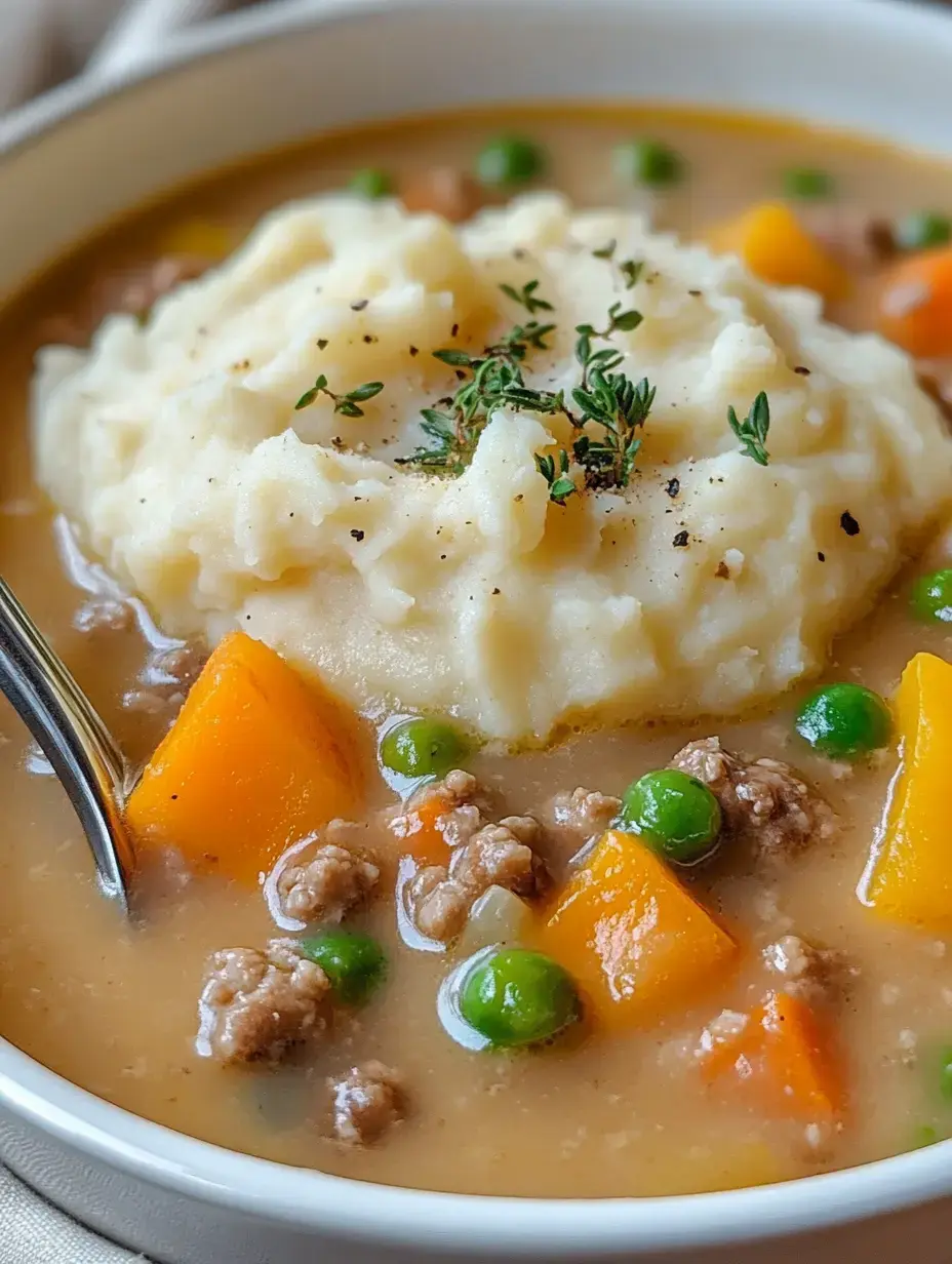 Un bol de ragoût réconfortant nappé de purée moelleuse, de viande mijotée, pois verts, et morceaux de courge et de carottes.