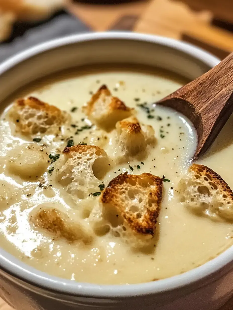 Soupe crémeuse avec croûtons et herbes fraîches, servie dans un bol blanc avec une cuillère en bois.