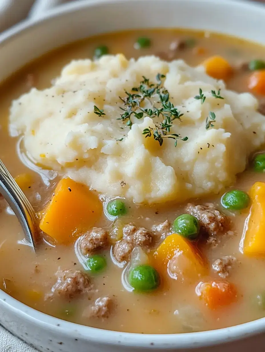 Un bol généreux de soupe avec viande hachée, légumes, purée onctueuse et une branche de thym frais.