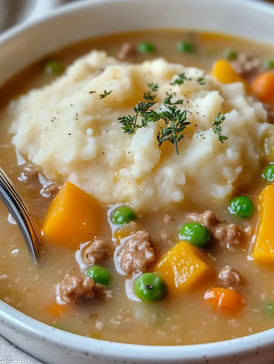 Un bol généreux avec viande, légumes multicolores et purée couronnée d’herbes fraîches.