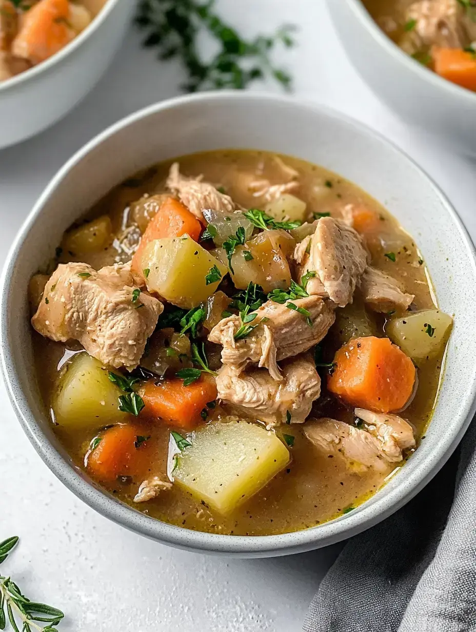 Un bol de mijoté de poulet, plein de morceaux tendres de poulet, carottes, pommes de terre et du persil.