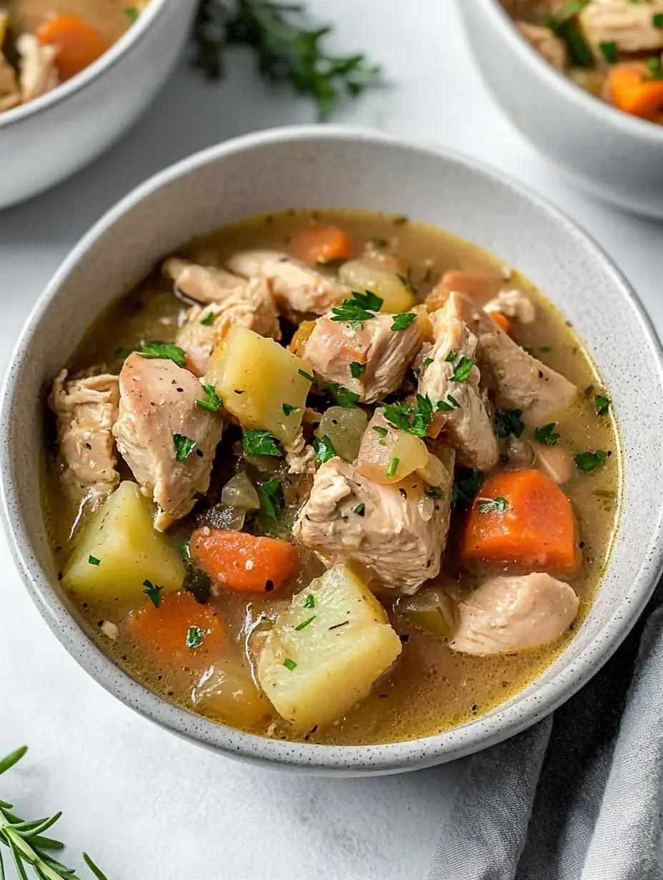 Un bol de soupe de poulet généreux, morceaux de poulet, carottes, pommes de terre et herbes, décoré avec du persil frais.