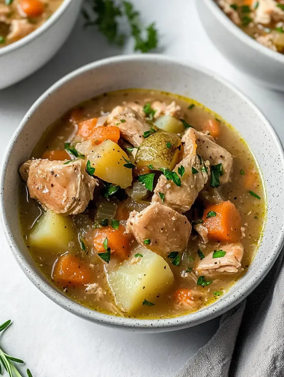 Un bol de soupe de poulet avec de beaux morceaux de poulet, carottes, pommes de terre et herbes dans un bouillon savoureux.