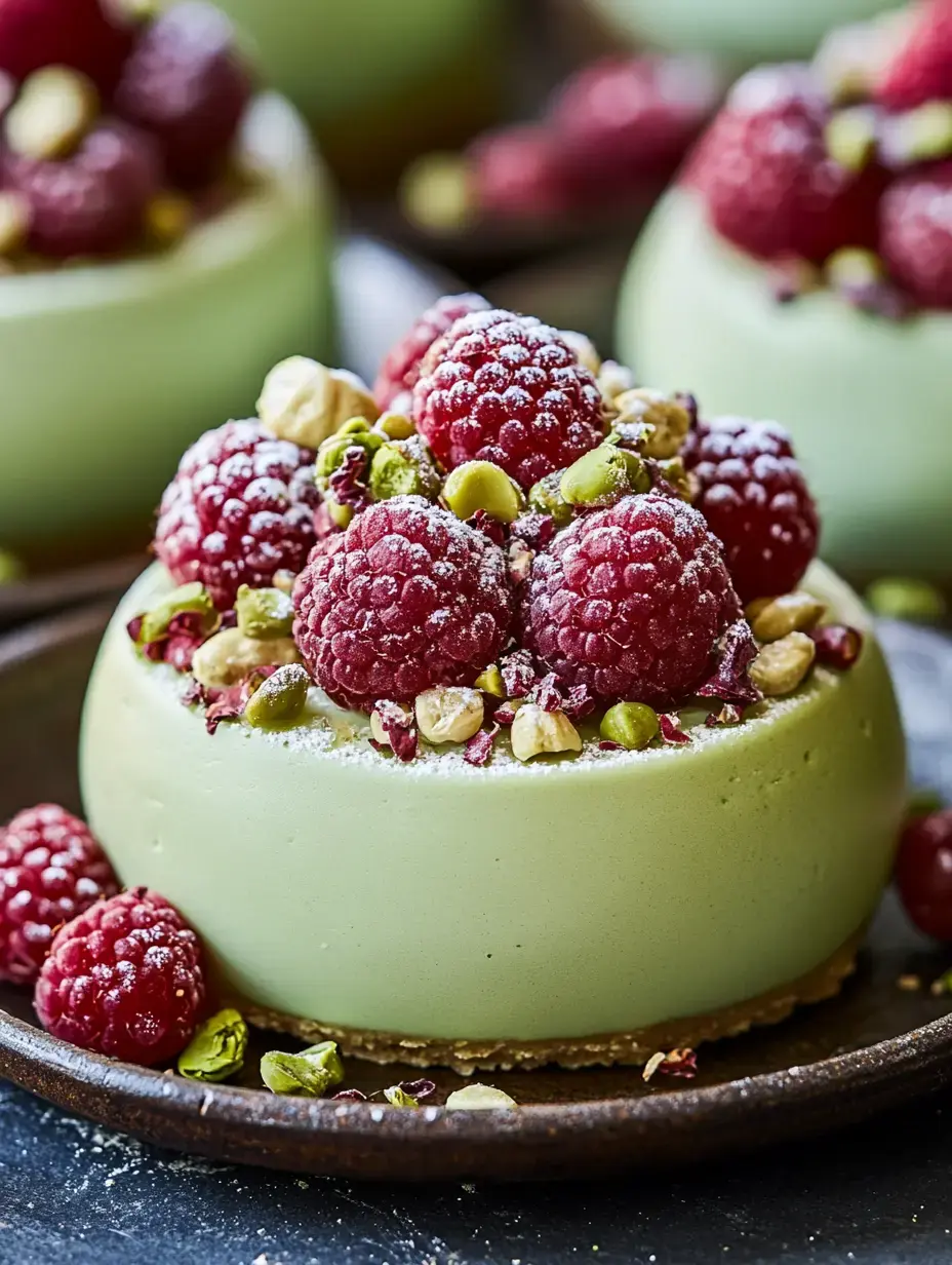 Zoom sur un dessert vert crémeux décoré de framboises et pistaches sur une assiette sombre.