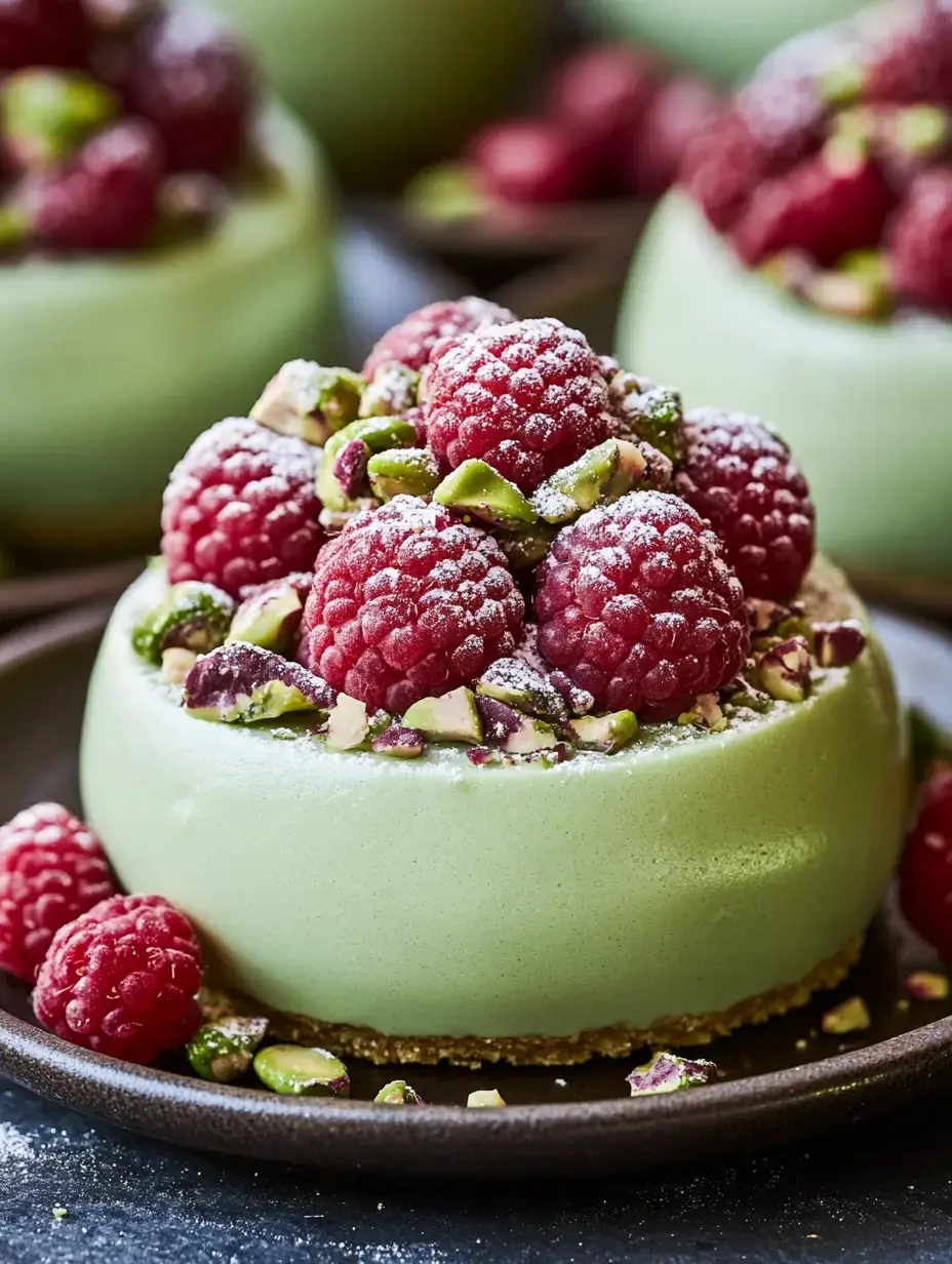 Un dessert délicat vert pâle, surmonté de framboises, pistaches concassées et d’un peu de sucre glace.