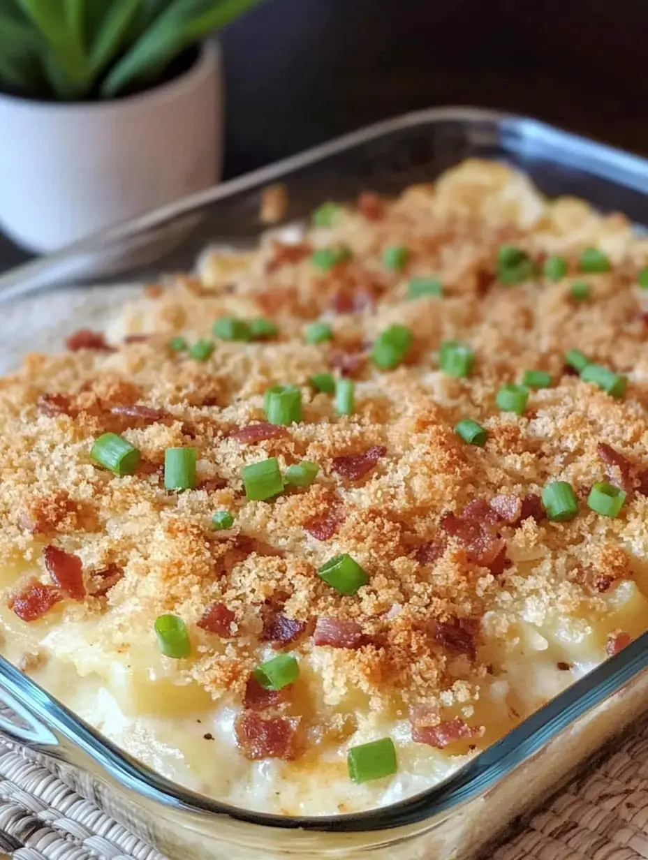 Un plat en verre avec pommes de terre crémeuses gratinées, lardons croustillants et oignons verts, posé sur un set tressé près d'une petite plante.