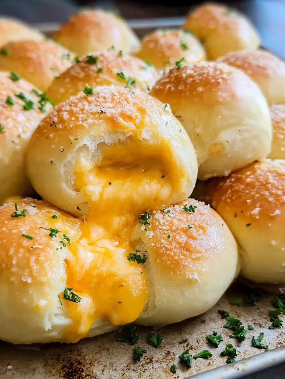 Gros plan sur des petites brioches bien dorées parsemées d’herbes, avec du fromage fondu qui coule.