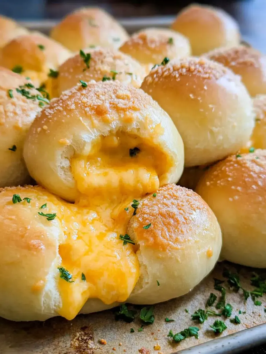 Vue rapprochée sur des brioches au fromage fraîchement cuites et ouvertes avec persil dessus.