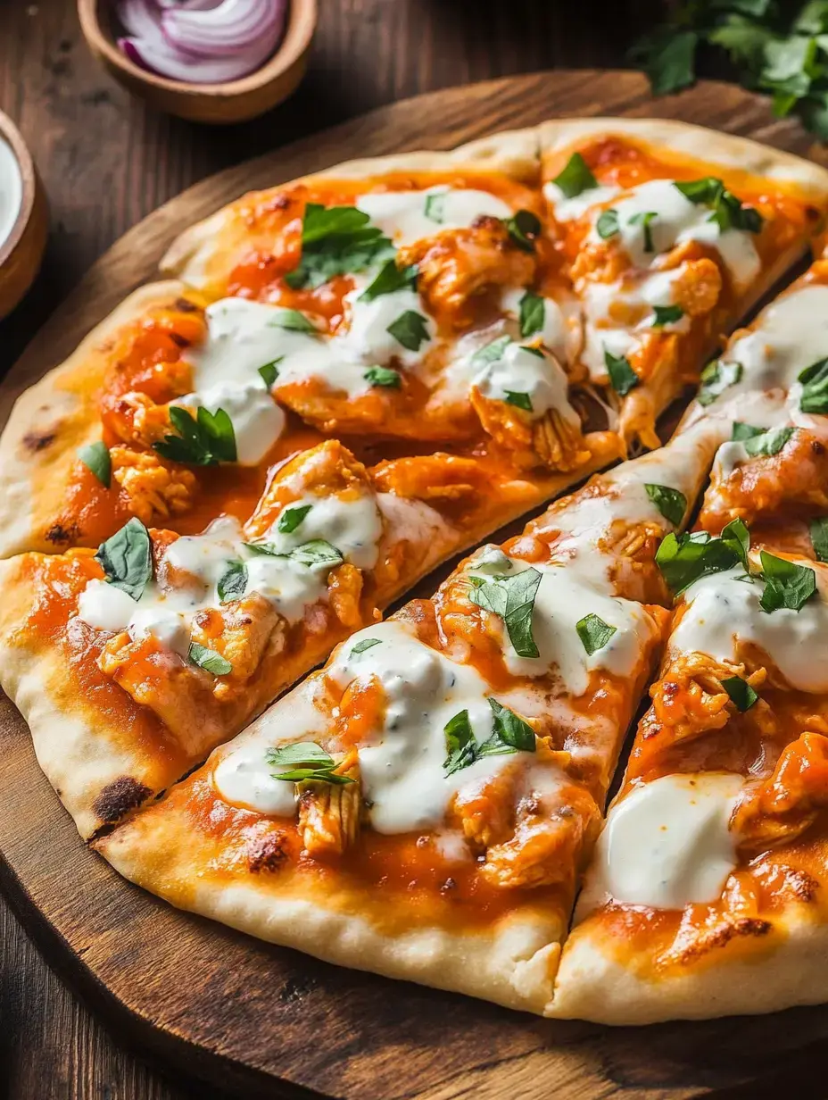 Gros plan d’une pizza garnie de sauce orange, poulet effiloché, nappée de crème et d’herbes fraîches, posée sur une planche en bois.