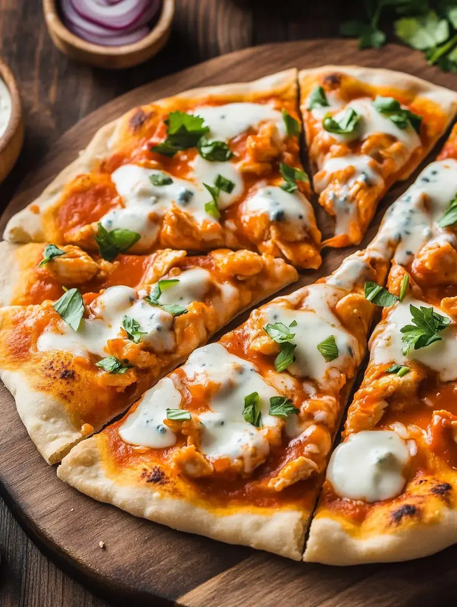 Une pizza dorée, garnie de poulet effiloché et d’une sauce onctueuse, découpée sur une planche en bois.