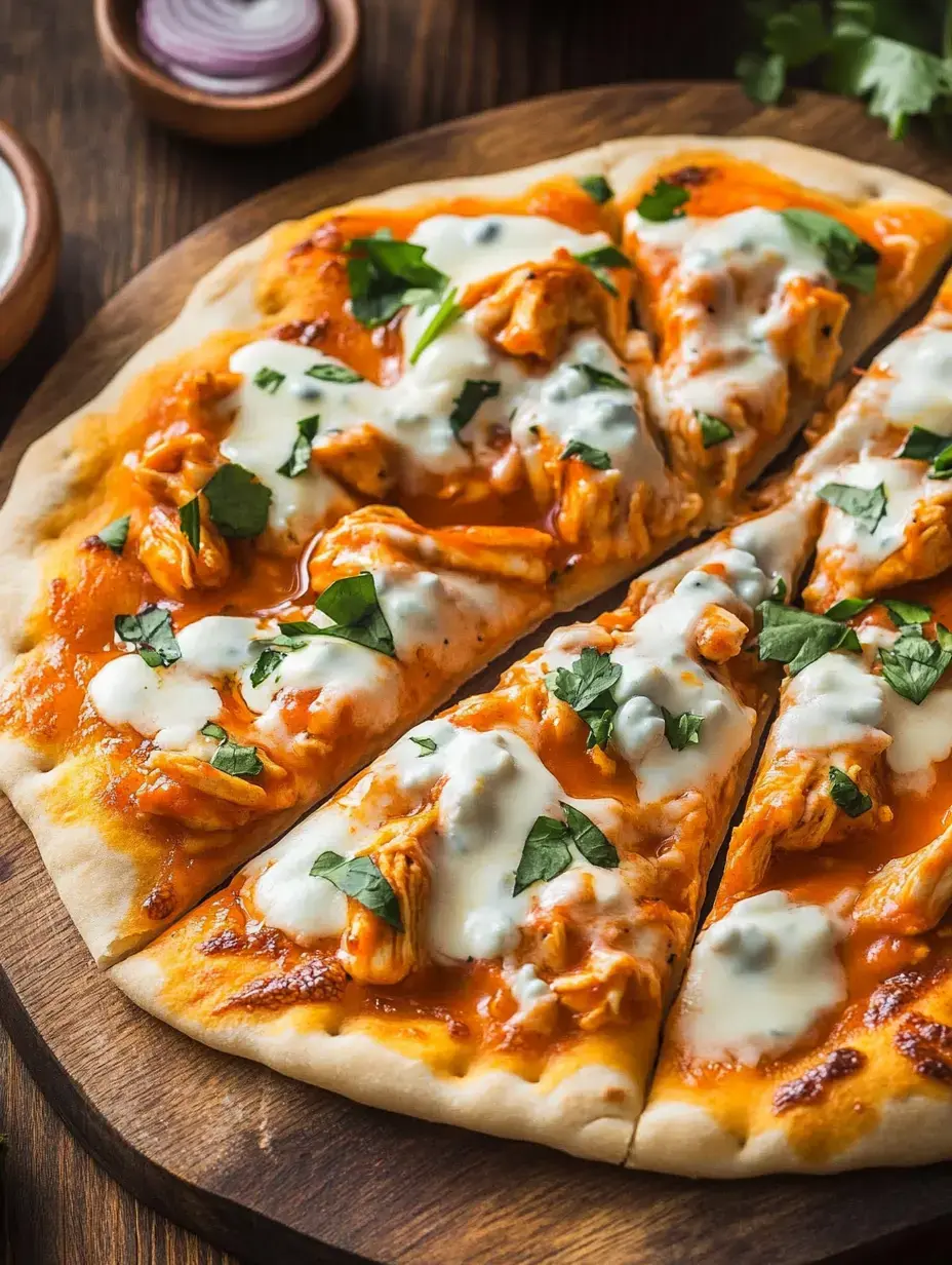 Pizza dorée, garnie de poulet effiloché, sauce relevée et herbes fraîches, servie sur un plateau en bois.
