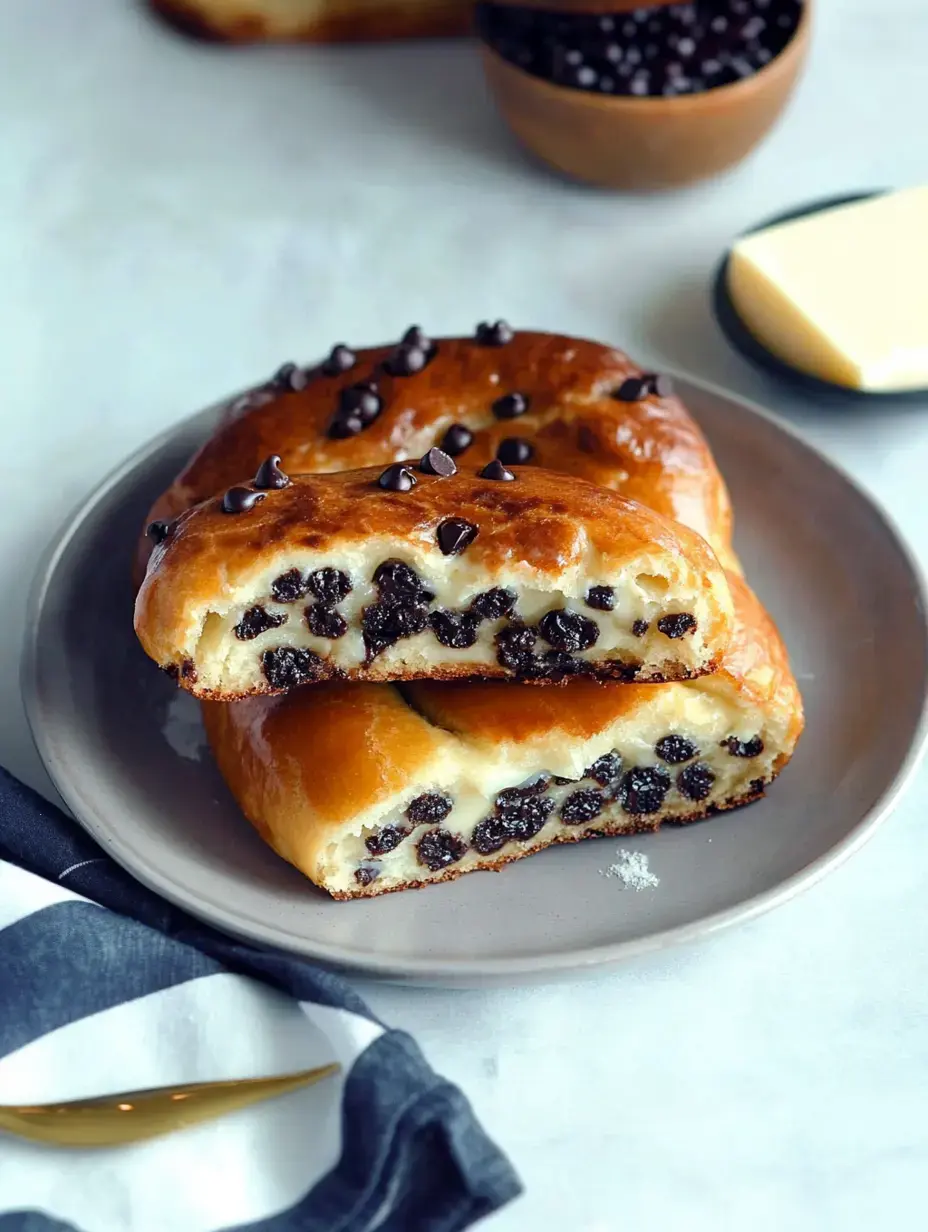 Une assiette présente une pâte briochée découpée, garnie de pépites de chocolat et révèle un intérieur ultra moelleux.