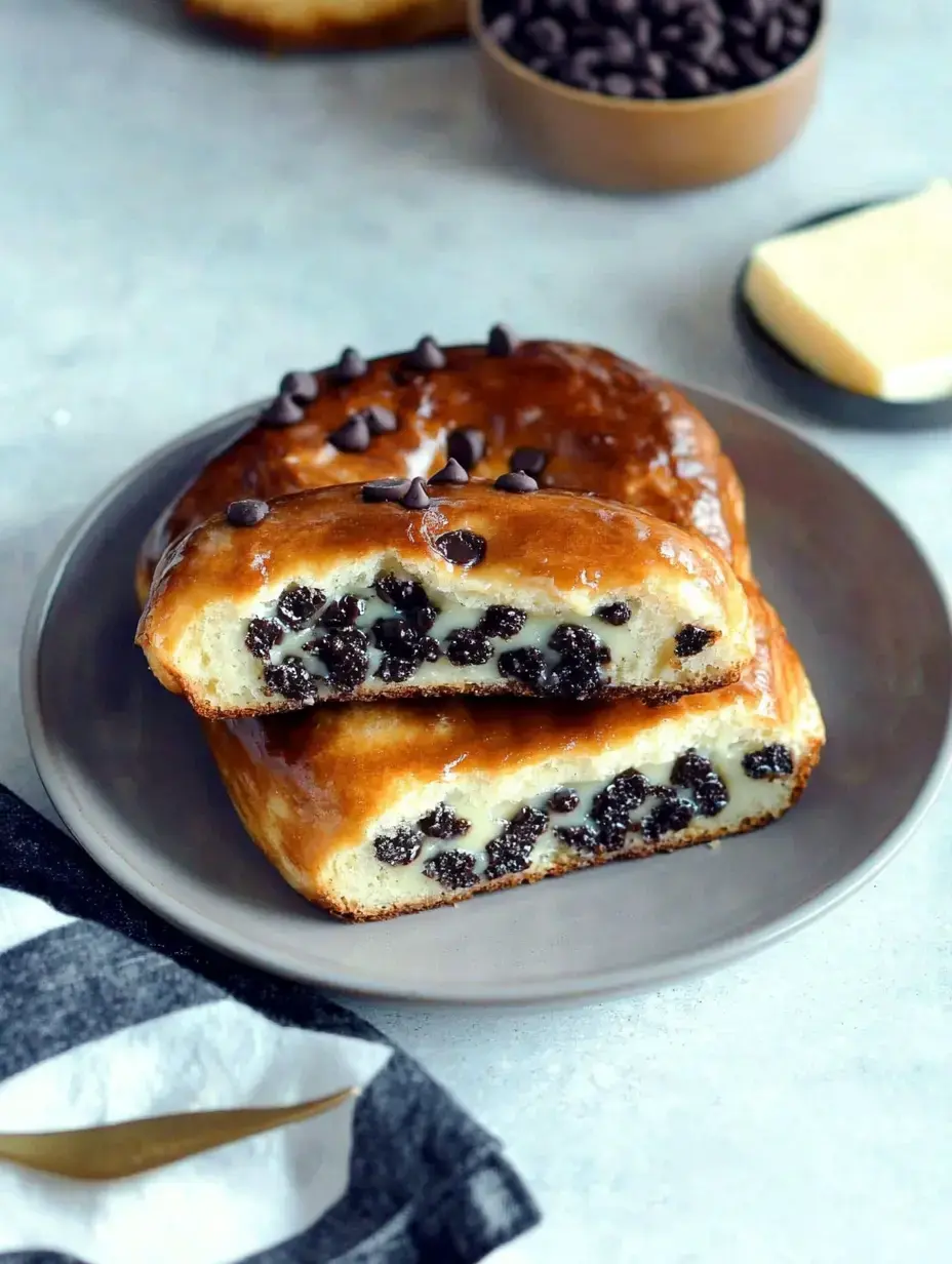 Une assiette accueille deux morceaux de brioche aux pépites, saupoudrés de chocolat, avec un petit bol de chocolat et une noix de beurre à côté.