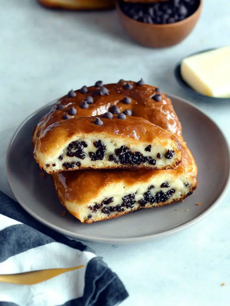 Sur une assiette, deux couches de pâte sucrée fourrées à la crème et parsement de pépites de chocolat, avec encore un peu de chocolat par-dessus.