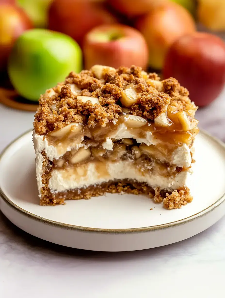 Une part de cheesecake pommes-croustillant posée sur une assiette, où l'on voit les couches crémeuses, les pommes cuites et le dessus sablonneux, des pommes fraîches en arrière-plan.