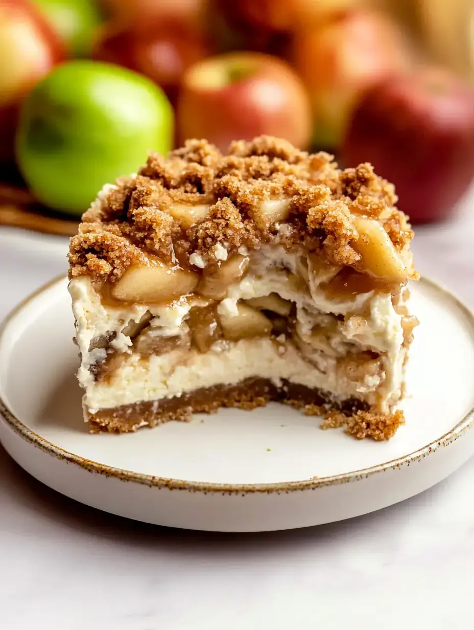 Une part de gâteau pommes-fromage surmontée d’un crumble doré, servie sur une assiette blanche. Un panier de pommes derrière.