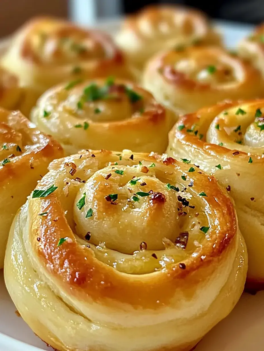 Zoom sur brioches à l’ail super moelleuses et dorées, saupoudrées d’herbes.