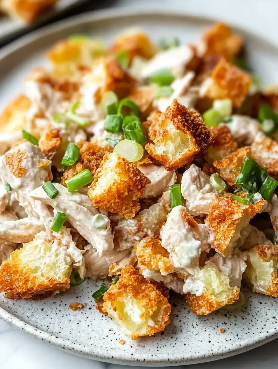 Une assiette de salade de poulet effiloché crémeuse recouverte de morceaux de pain dorés croustillants et de ciboule.