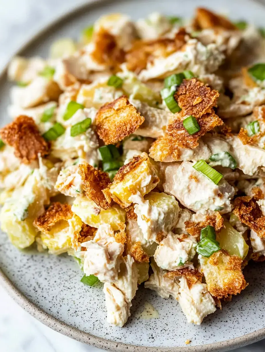 Gros plan sur une assiette de salade de poulet crémeuse avec morceaux de pain grillés et ciboulette hachée.