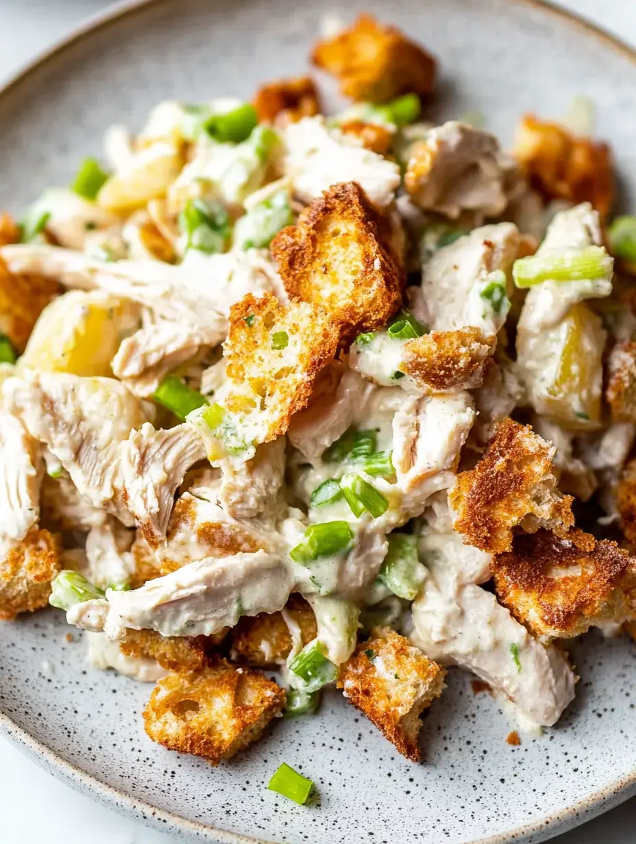 Assiette de poulet effiloché avec oignons verts et cubes de pain grillés, le tout nappé de sauce crémeuse.