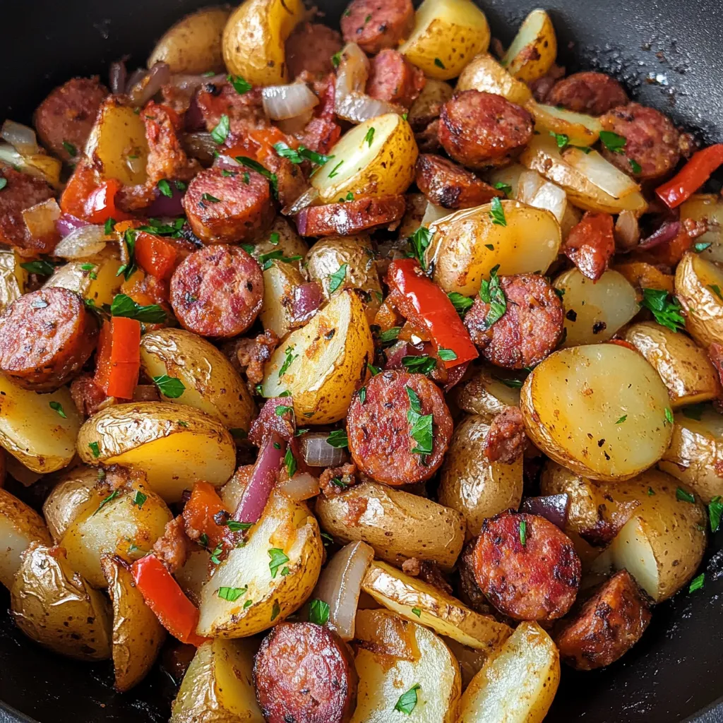 saucisse fumée et pommes de terre sautées