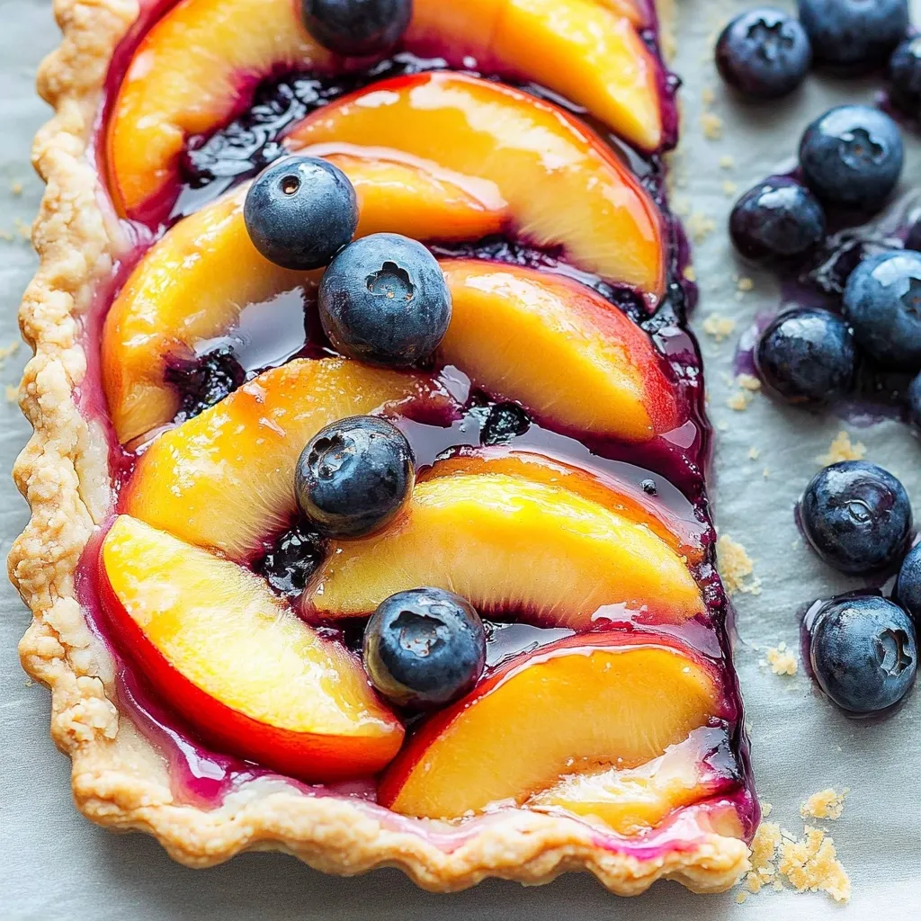 Délicieuse tarte myrtilles et pêches avec glaçage vanillé