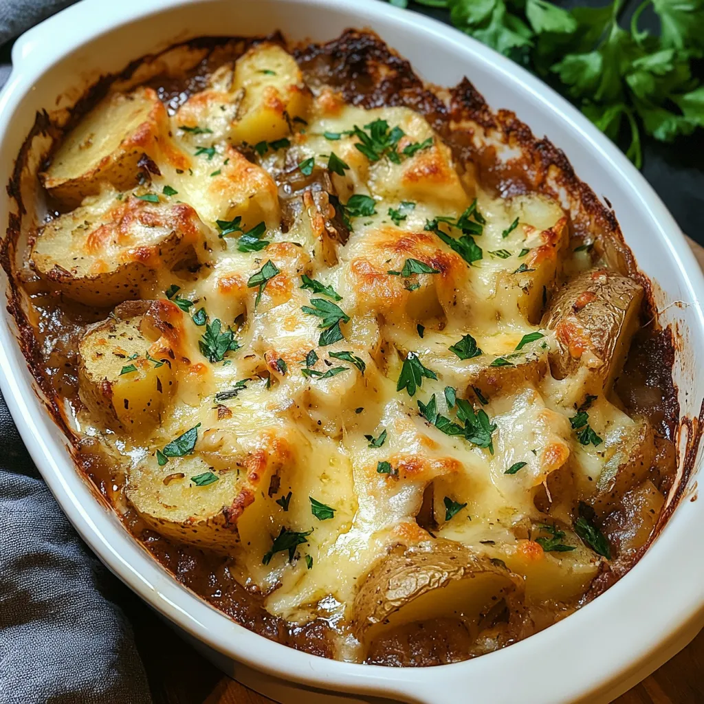 Gros plan gratin oignons-patates caramélisées