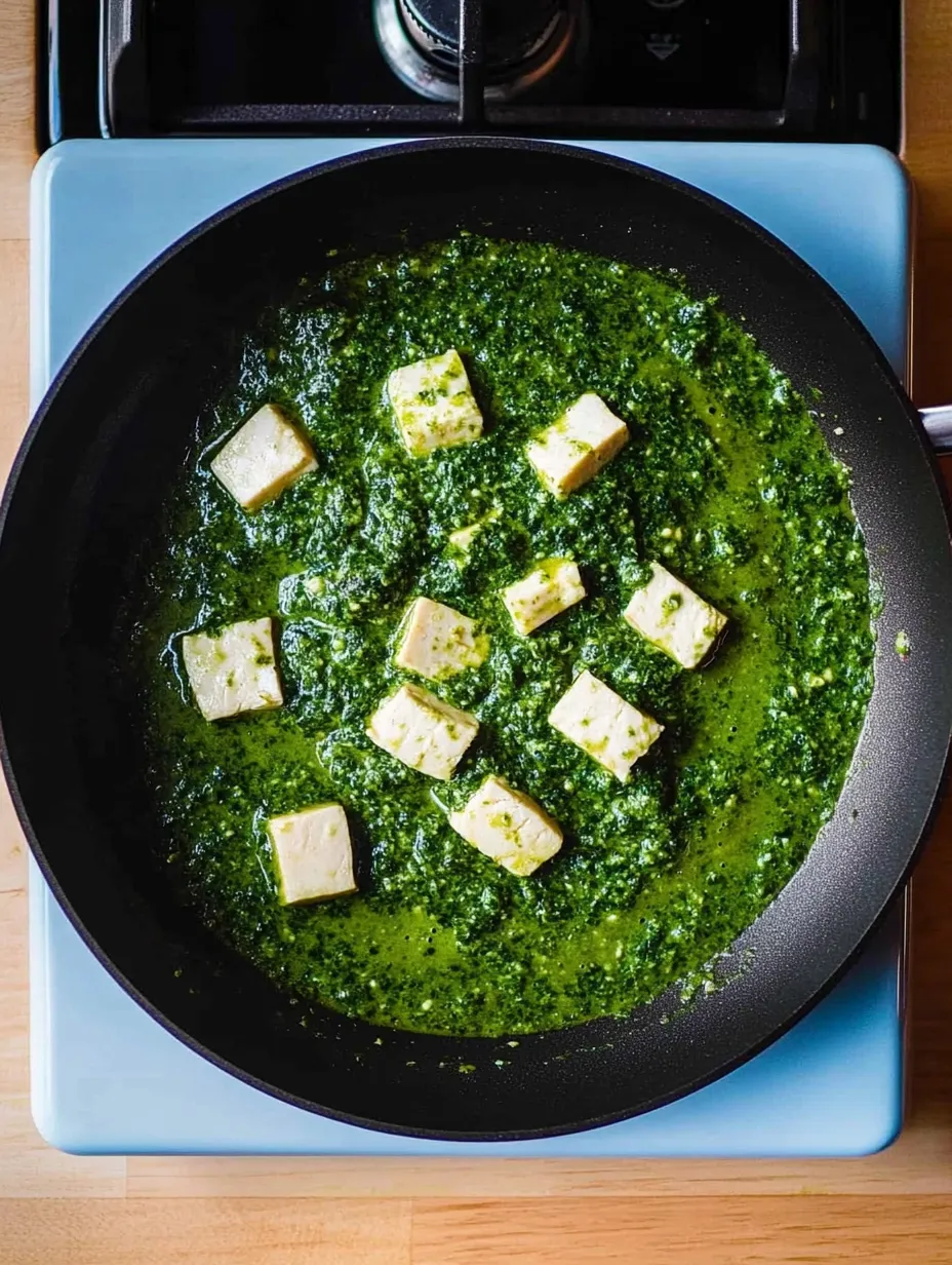 Chou vert fondant et tofu croustillant dans une sauce coco épicée