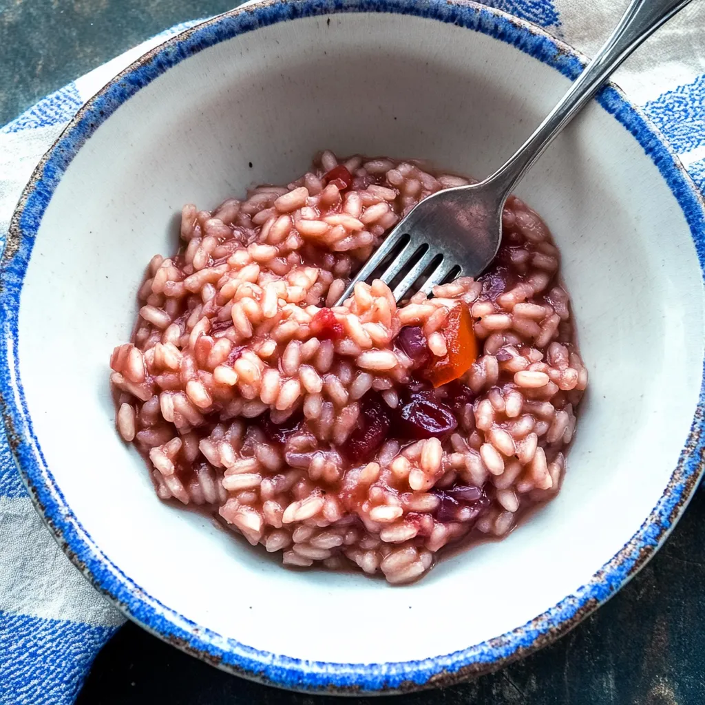 Risotto au vin rouge et oignons caramélisés