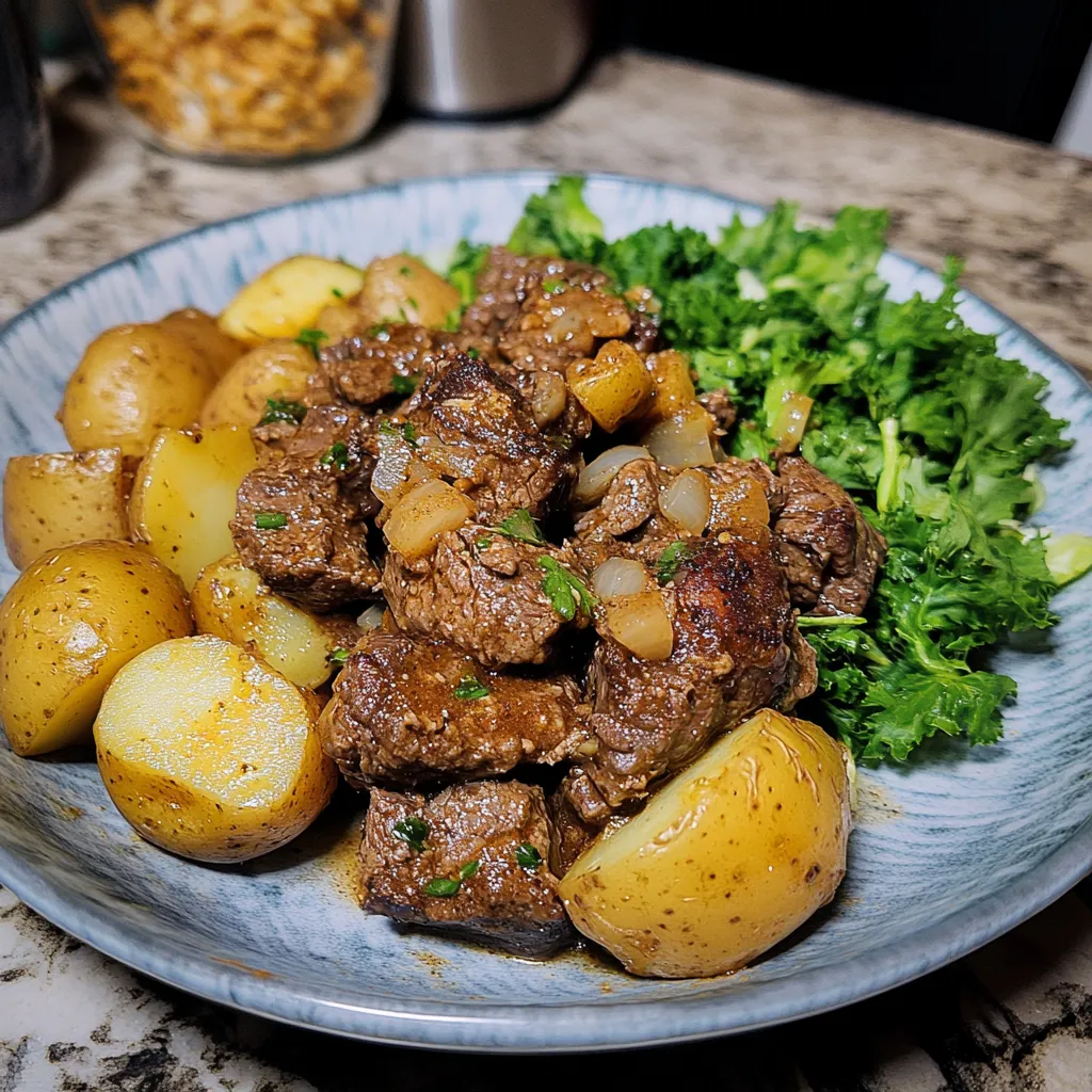 Bouchées de bœuf ail-beurre et pommes de terre mijotées