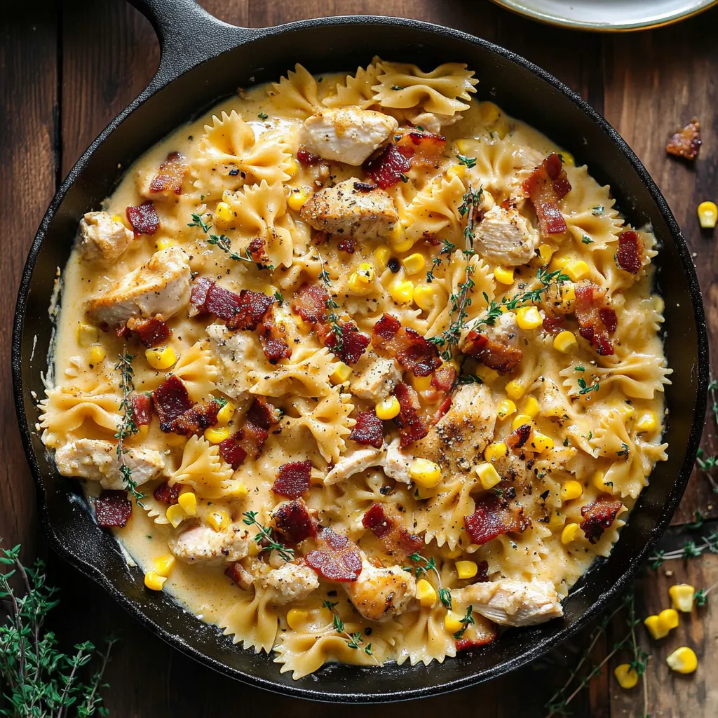 Pâtes crémeuses au poulet et maïs avec bacon