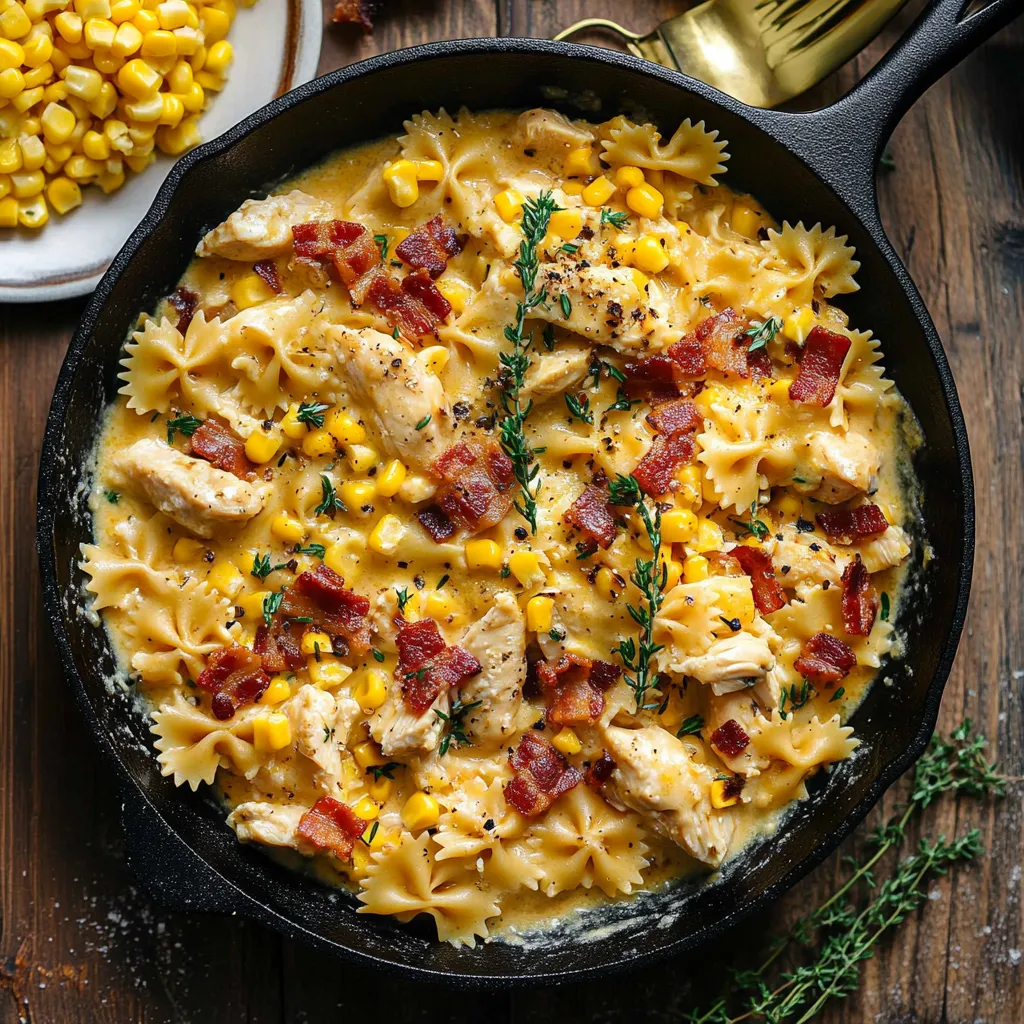 Pâtes crémeuses au poulet, maïs et lard