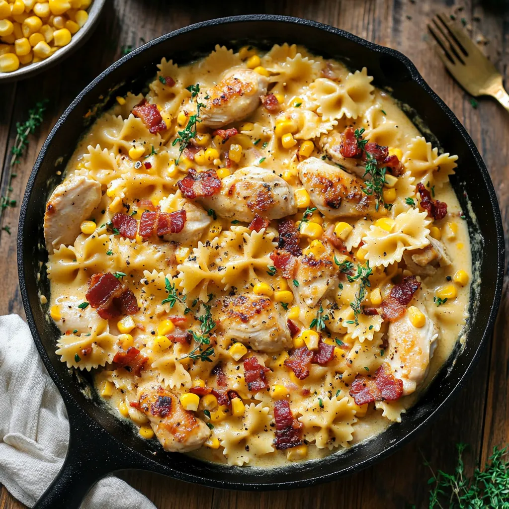Zoom sur pâtes crémeuses poulet, maïs et lard