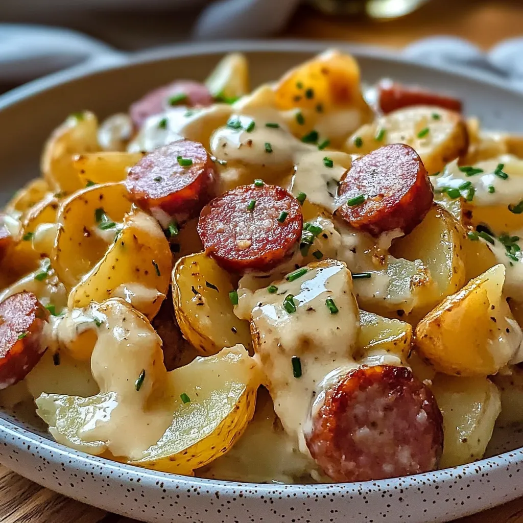 Pommes de terre fondantes au fromage et saucisse fumée