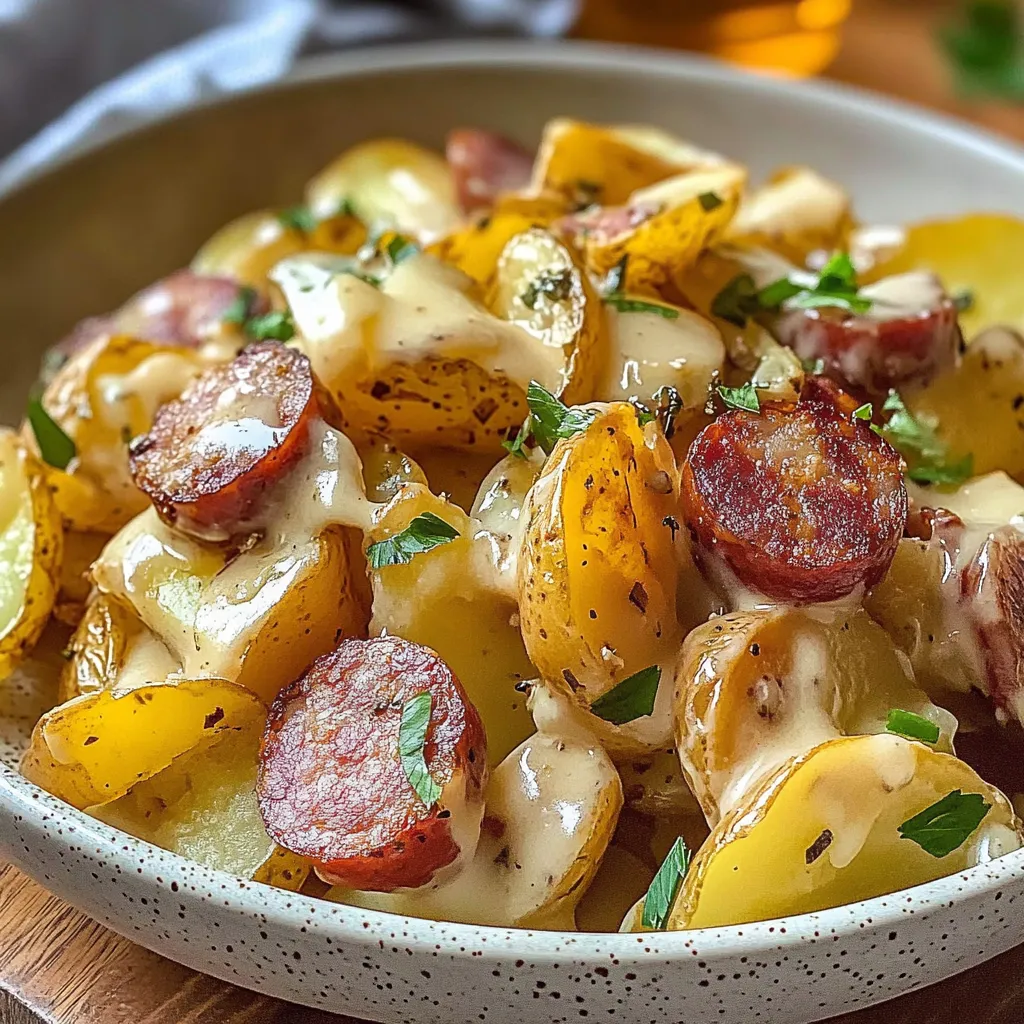 Zoom gourmand sur pommes de terre fondantes saucisse fromage