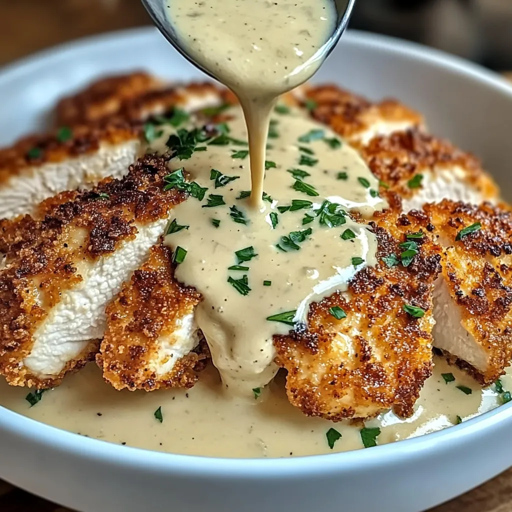 Poulet en croûte de parmesan sauce à l’ail crémeuse