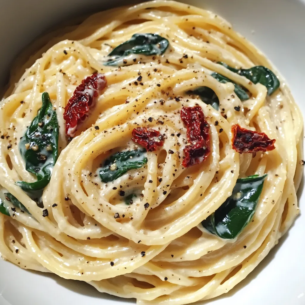 Spaghettis & épinards à la crème de tomates séchées