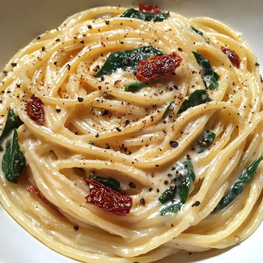 Spaghettis crémeux aux épinards & tomates séchées facile