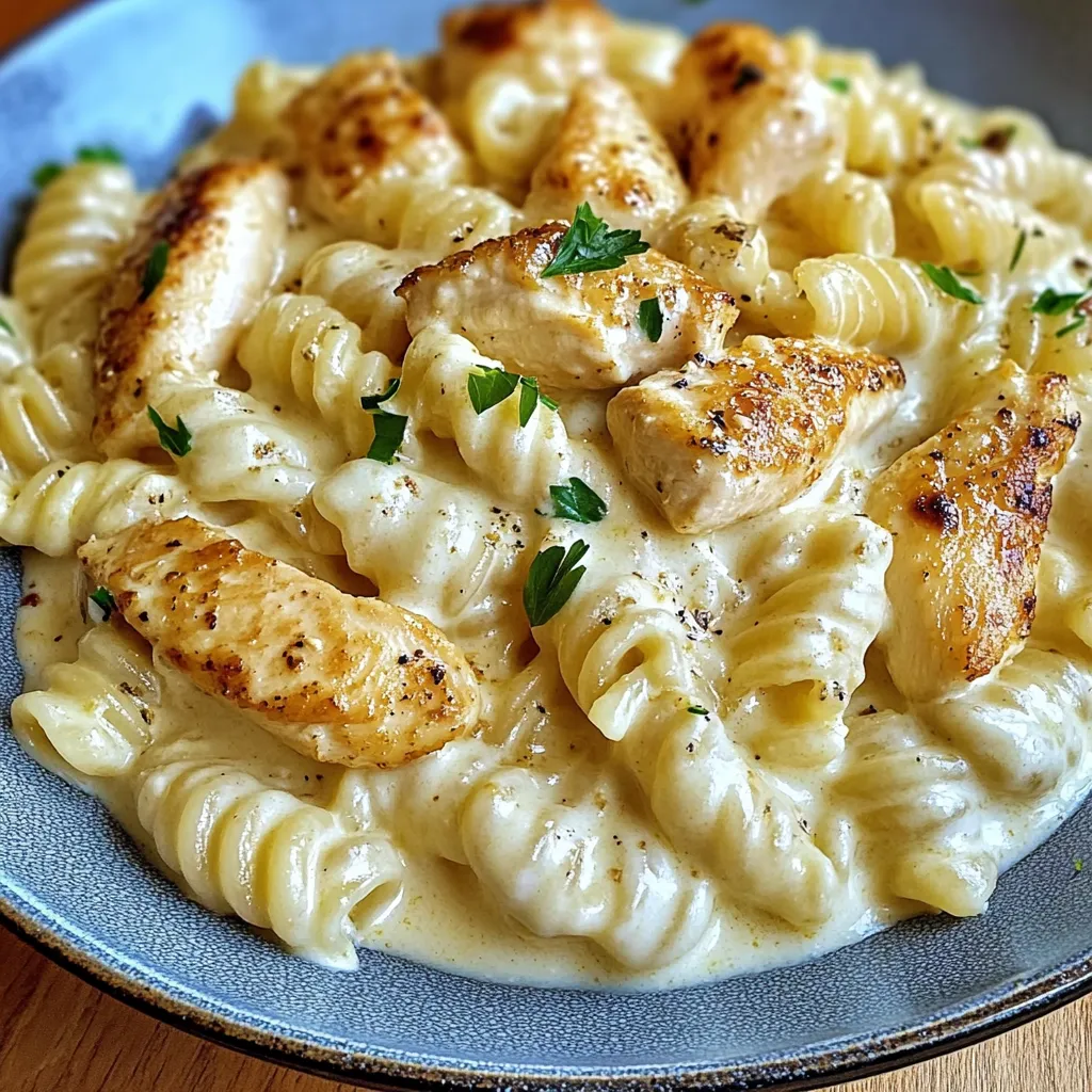 Poulet crémeux au beurre d'ail et rotini à la sauce parmesan