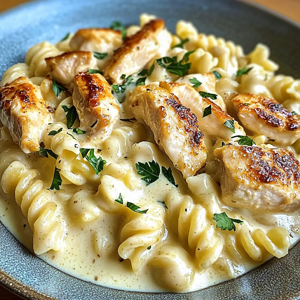 Poulet facile et crémeux au beurre d'ail et rotini à la sauce parmesan