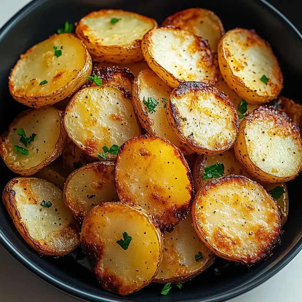 Un bol noir rempli de tranches de pommes de terre dorées et garnies d'herbes vertes.